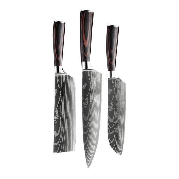 Shinrai Japan - Messenset - 3 delig - Koksmes - Japanse Messen - Mes - Damascus Print - Met Luxe Geschenkdoos