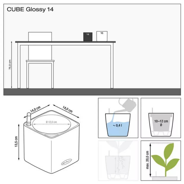 LECHUZA Plantenbak CUBE Glossy CAT 14 ALL-IN-ONE hoogglans wit