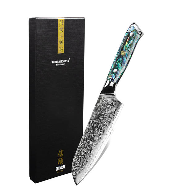 Shinrai Japan - Japans Santokumes 18 cm - Koksmes - Damascus Mes - Parelmoer Jewels - Met Luxe Geschenkdoos