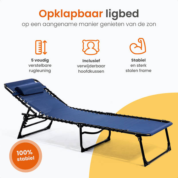 Goliving Ligbed - 5 Standen - 188 x 56 x 29 cm - 2 Stuks - Zonnebed - Strandbed - Ligstoel - Met Hoofdkussen - Blauw