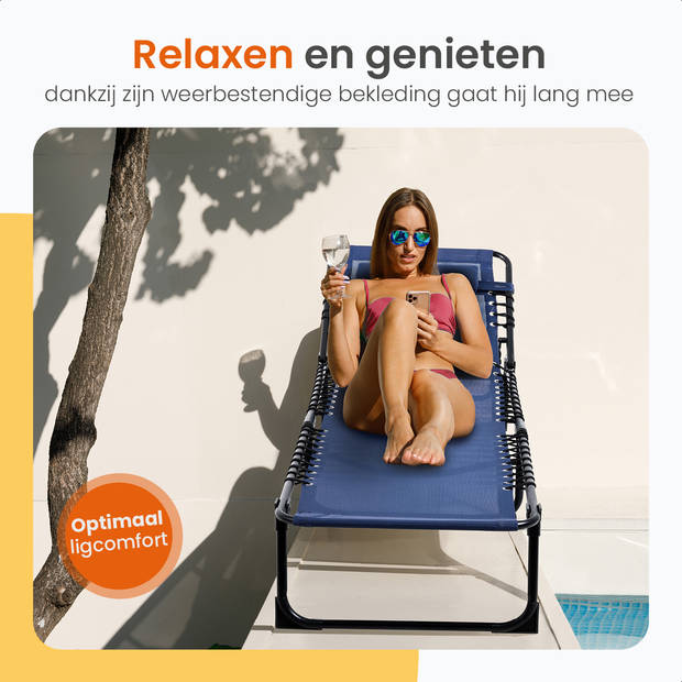 Goliving Ligbed - 5 Standen - 188 x 56 x 29 cm - 2 Stuks - Zonnebed - Strandbed - Ligstoel - Met Hoofdkussen - Blauw