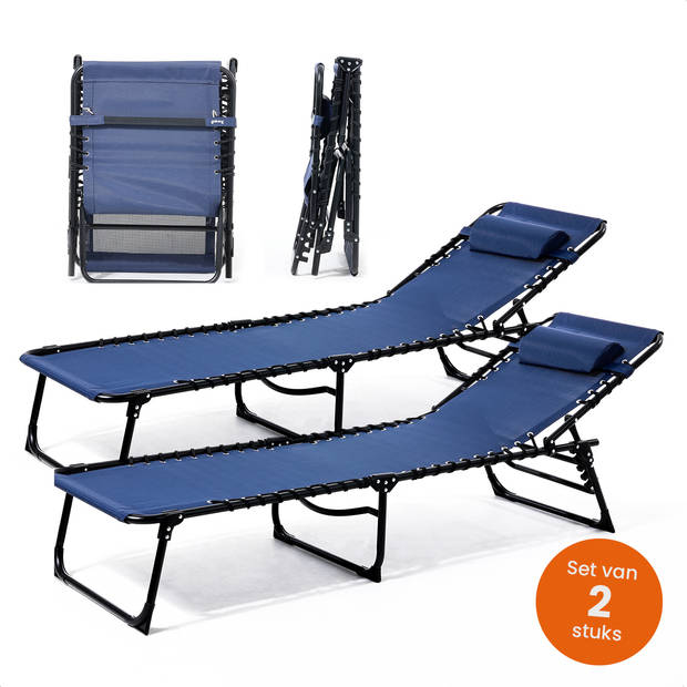 Goliving Ligbed - 5 Standen - 188 x 56 x 29 cm - 2 Stuks - Zonnebed - Strandbed - Ligstoel - Met Hoofdkussen - Blauw