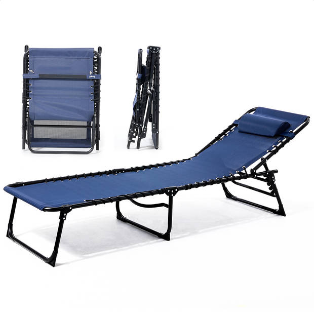 Goliving Ligbed - 5 Standen - 188 x 56 x 29 cm - Zonnebed - Strandbed - Ligstoel - Met Hoofdkussen - Blauw