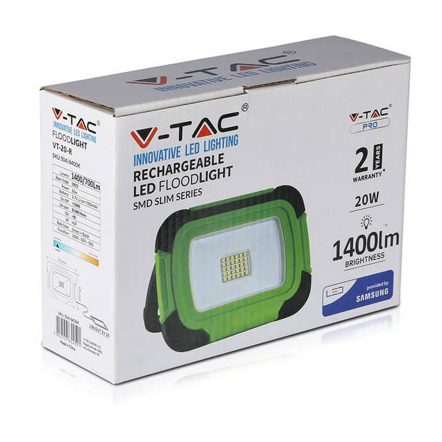 V-TAC VT-20-R Oplaadbare LED Schijnwerper - Samsung - Groen+Zwart - IP44 - 10W - 1400 Lumen - 6400K