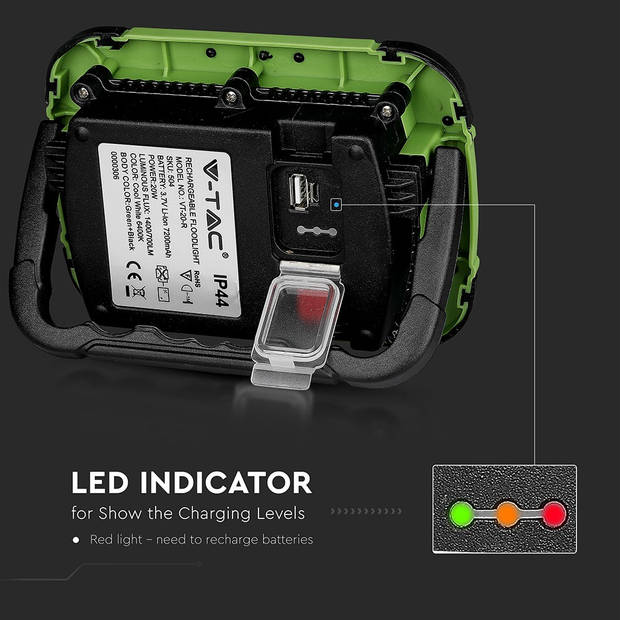 V-TAC VT-20-R Oplaadbare LED Schijnwerper - Samsung - Groen+Zwart - IP44 - 10W - 1400 Lumen - 6400K