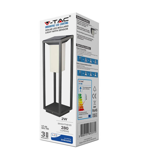 V-TAC VT-66 Grijze Solar Meerpaalverlichting - Samsung - IP65 - 2W- 280 Lumen - 3000K