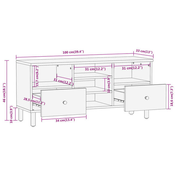 vidaXL Tv-meubel 100x33x46 cm massief mangohout