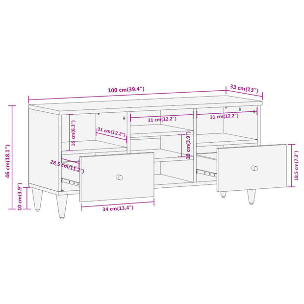 vidaXL Tv-meubel 100x33x46 cm massief mangohout