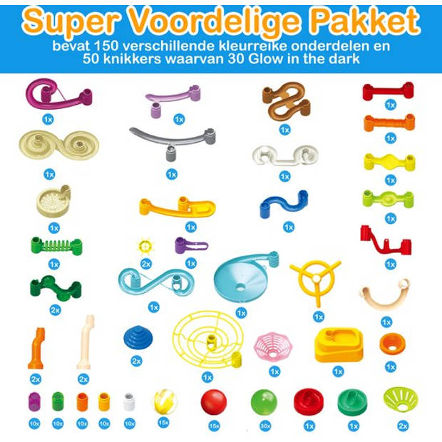 JUST23 Knikkerbaan Ultimate Set - Marble Run - 150 Onderdelen - Incl. Glow in the dark knikkers 30ST