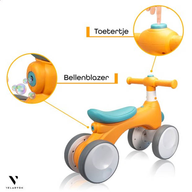 Velaryon Loopfiets 1 jaar - Oranje - Met Toeter, Muziek, licht & Bellenblaas - Incl. batterijen en Bellenblaaswater