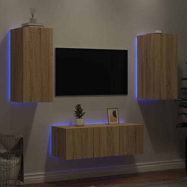 vidaXL 4-delige Tv-wandmeubelset met LED bewerkt hout sonoma eiken