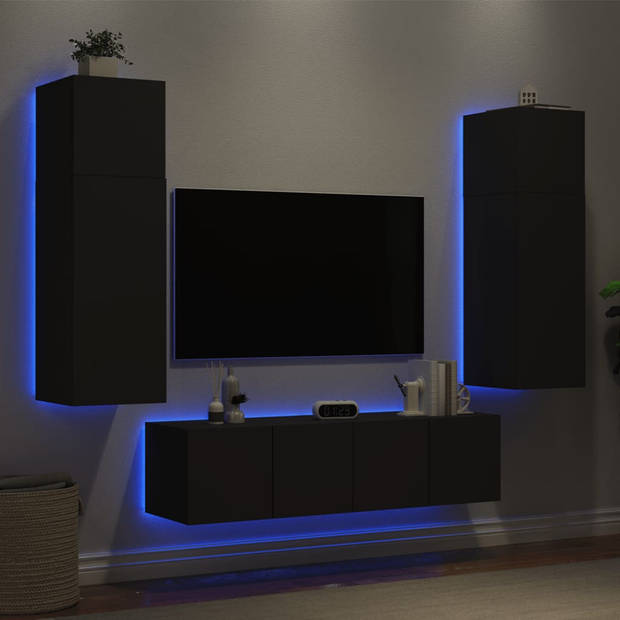 vidaXL 6-delige Tv-wandmeubelset met LED bewerkt hout zwart