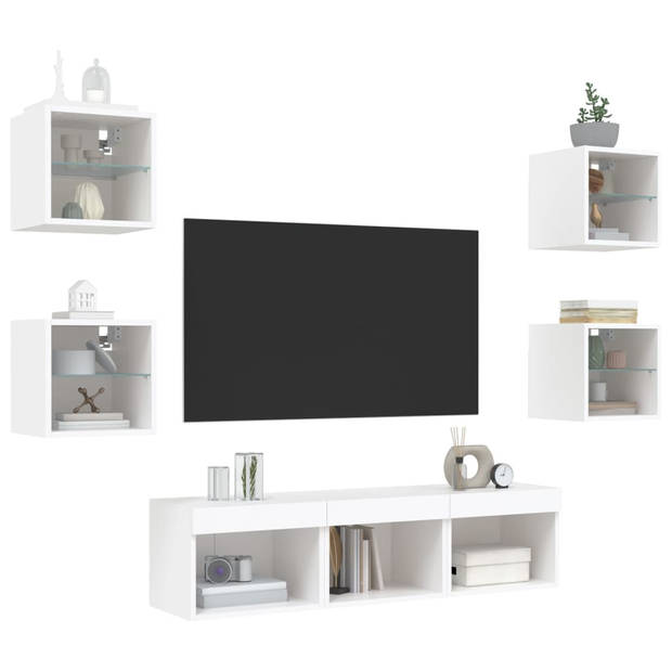 vidaXL 7-delige Tv-wandmeubelset met LED-verlichting bewerkt hout wit