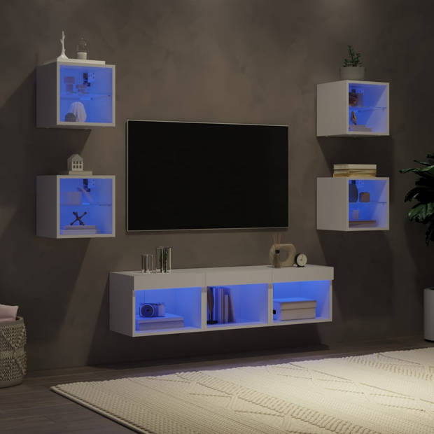 vidaXL 7-delige Tv-wandmeubelset met LED-verlichting bewerkt hout wit