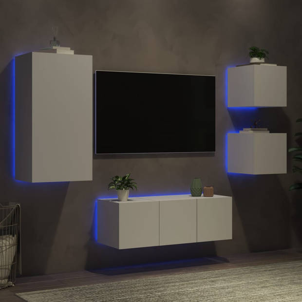 vidaXL 5-delige Tv-wandmeubelset met LED-verlichting bewerkt hout wit