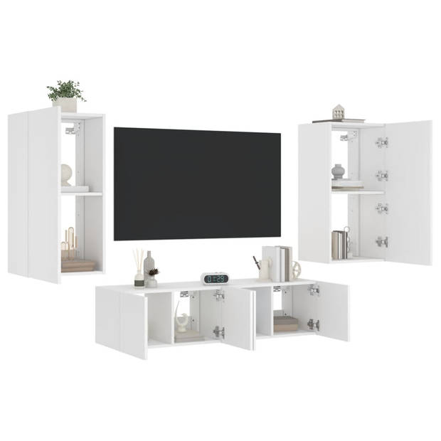 vidaXL 4-delige Tv-wandmeubelset met LED-verlichting bewerkt hout wit