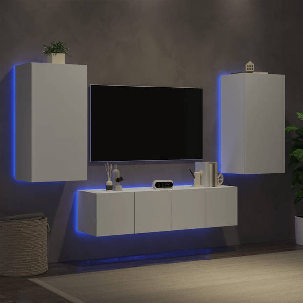 vidaXL 4-delige Tv-wandmeubelset met LED-verlichting bewerkt hout wit