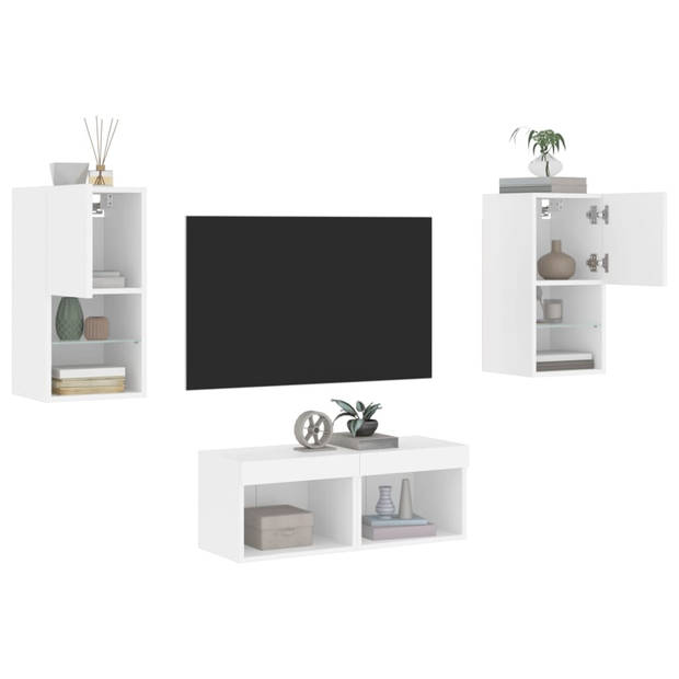 vidaXL 4-delige tv-wandmeubelset met LED-verlichting wit