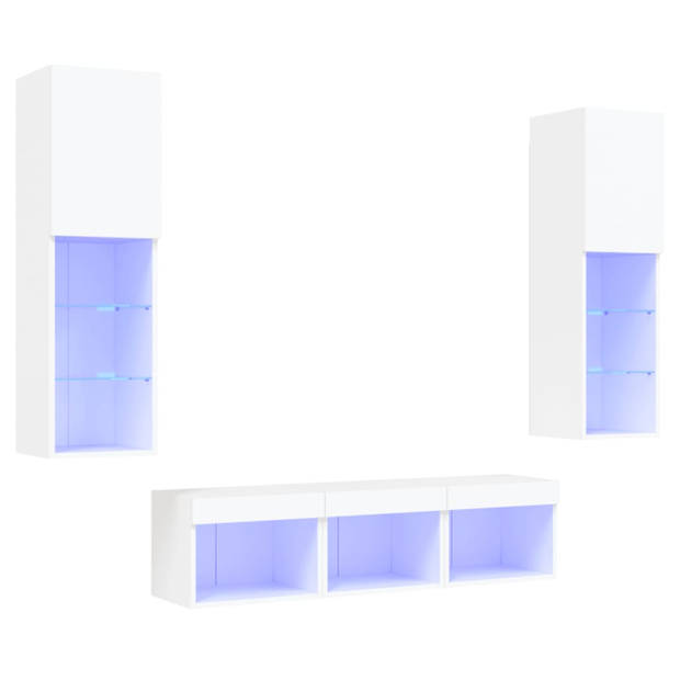 vidaXL 5-delige Tv-wandmeubelset met LED-verlichting bewerkt hout wit