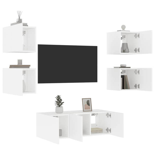 vidaXL 6-delige Tv-wandmeubelset met LED-verlichting bewerkt hout wit