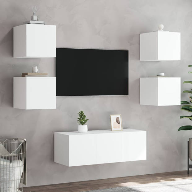 vidaXL 6-delige Tv-wandmeubelset met LED-verlichting bewerkt hout wit