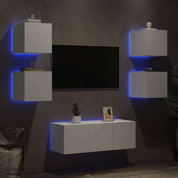 vidaXL 6-delige Tv-wandmeubelset met LED-verlichting bewerkt hout wit