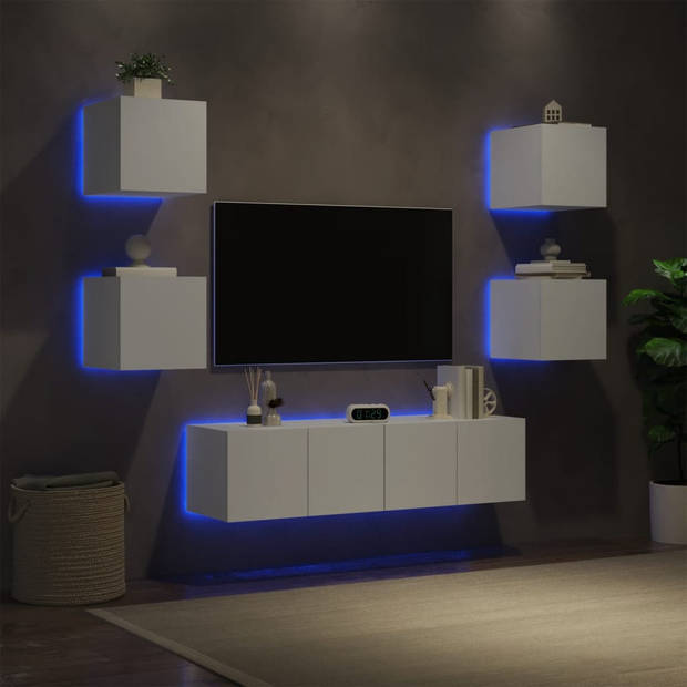 vidaXL 6-delige Tv-wandmeubelset met LED-verlichting bewerkt hout wit