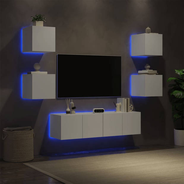 vidaXL 6-delige Tv-wandmeubelset met LED-verlichting bewerkt hout wit