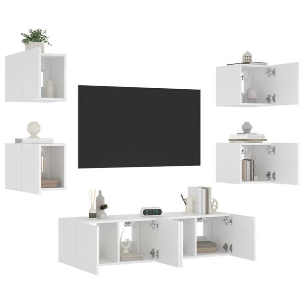 vidaXL 6-delige Tv-wandmeubelset met LED-verlichting bewerkt hout wit