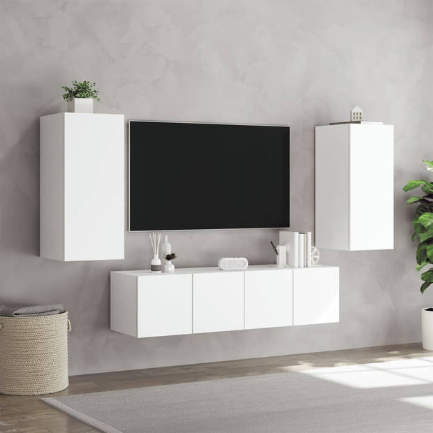 vidaXL 4-delige Tv-wandmeubelset met LED-verlichting bewerkt hout wit