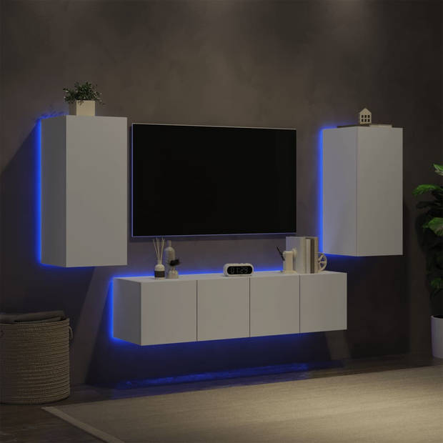 vidaXL 4-delige Tv-wandmeubelset met LED-verlichting bewerkt hout wit