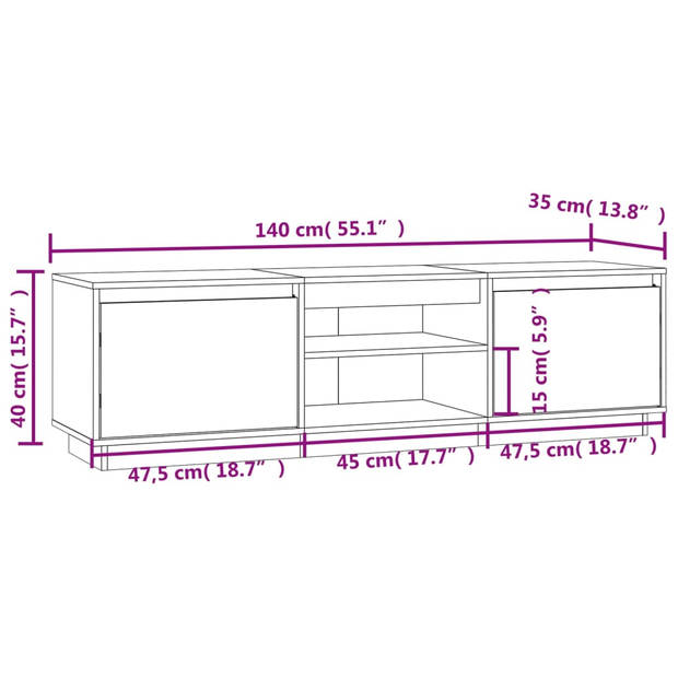 vidaXL Tv-meubel 140x35x40 cm massief grenenhout wit