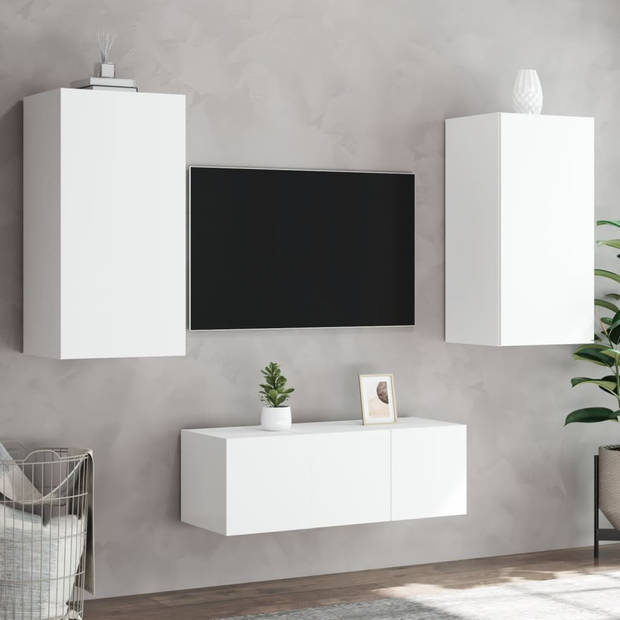 vidaXL 4-delige Tv-wandmeubelset met LED-verlichting bewerkt hout wit