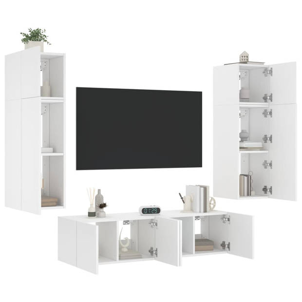 vidaXL 6-delige Tv-wandmeubelset met LED-verlichting bewerkt hout wit