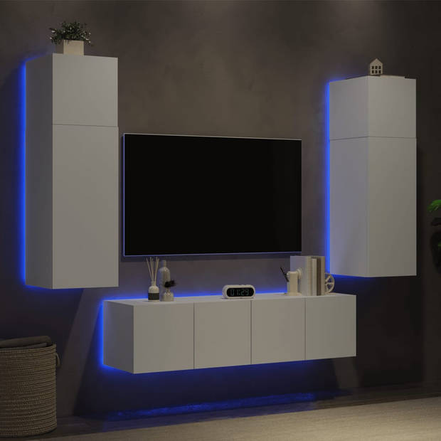 vidaXL 6-delige Tv-wandmeubelset met LED-verlichting bewerkt hout wit