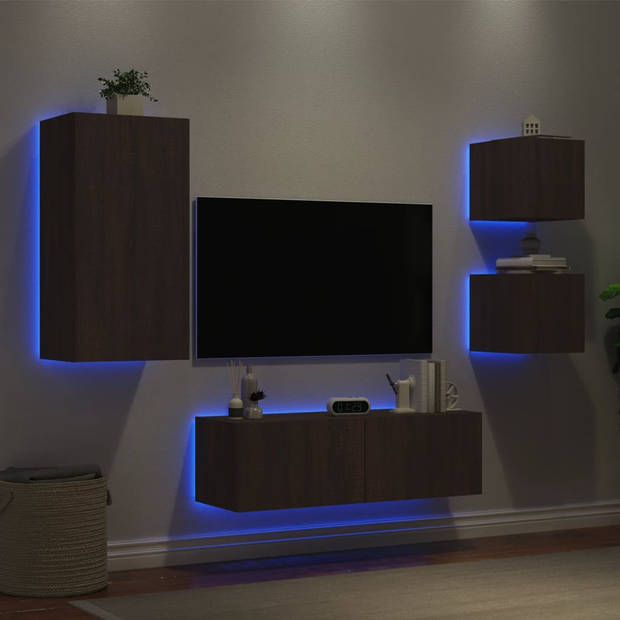 vidaXL 4-delige tv-wandmeubelset met LED-verlichting bruin eikenkleur