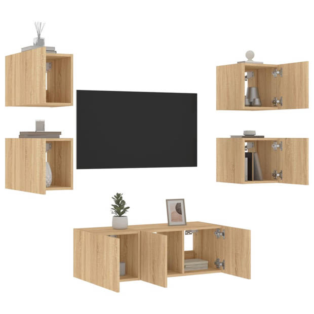 vidaXL 6-delige Tv-wandmeubelset met LED bewerkt hout sonoma eiken