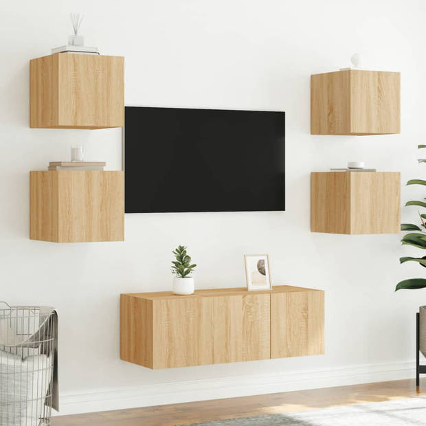 vidaXL 6-delige Tv-wandmeubelset met LED bewerkt hout sonoma eiken