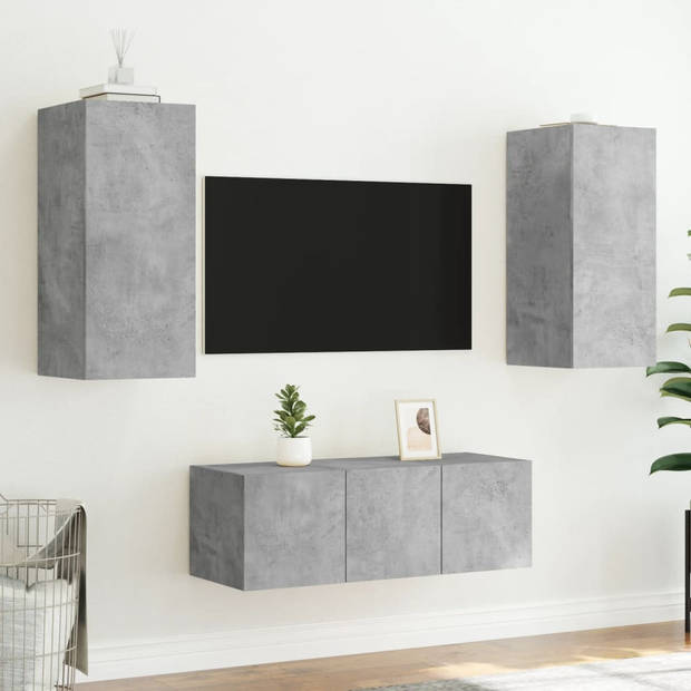 vidaXL 4-delige Tv-wandmeubelset met LED bewerkt hout betongrijs