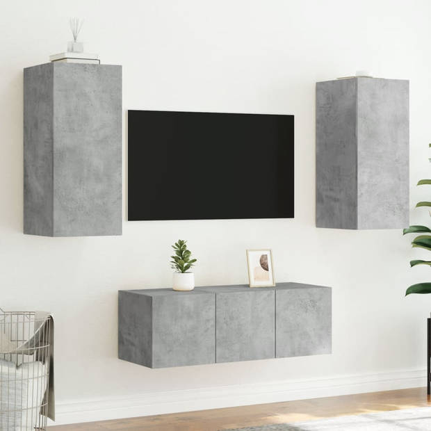 vidaXL 4-delige Tv-wandmeubelset met LED bewerkt hout betongrijs