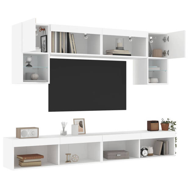 vidaXL 6-delige Tv-wandmeubelset met LED-verlichting bewerkt hout wit