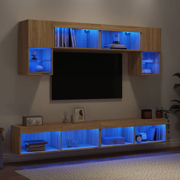 vidaXL 6-delige Tv-wandmeubelset met LED bewerkt hout sonoma eiken