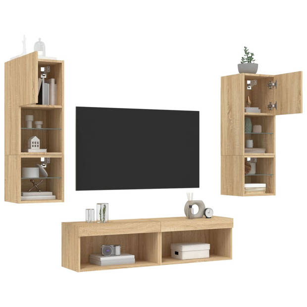 vidaXL 6-delige Tv-wandmeubelset met LED bewerkt hout sonoma eiken