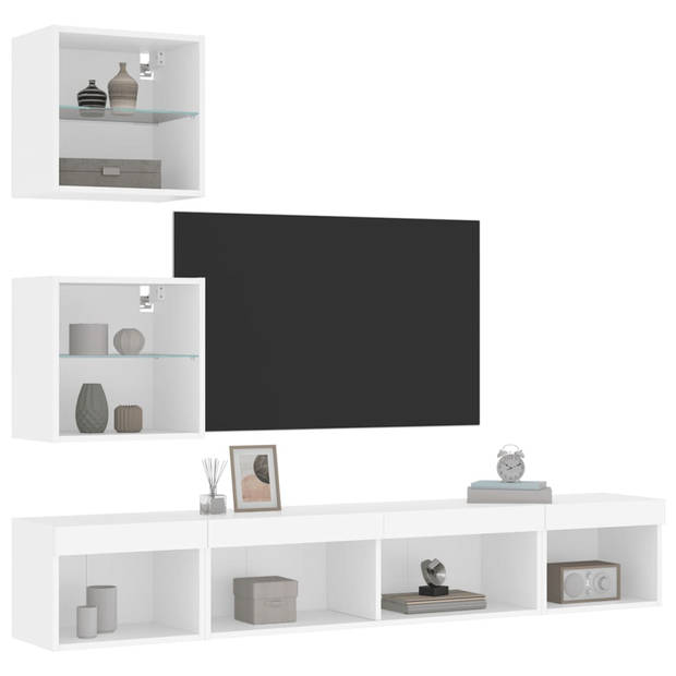 vidaXL 5-delige Tv-wandmeubelset met LED-verlichting bewerkt hout wit