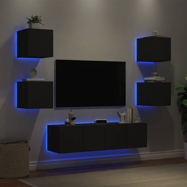 vidaXL 6-delige Tv-wandmeubelset met LED bewerkt hout zwart