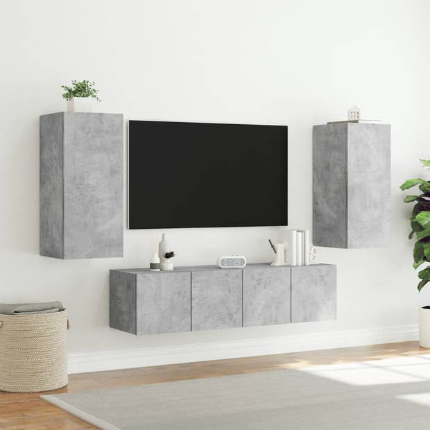 vidaXL 4-delige Tv-wandmeubelset met LED bewerkt hout betongrijs