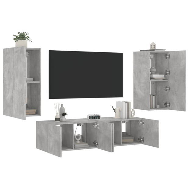 vidaXL 4-delige Tv-wandmeubelset met LED bewerkt hout betongrijs