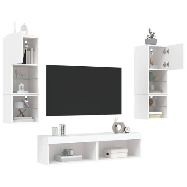 vidaXL 6-delige Tv-wandmeubelset met LED-verlichting bewerkt hout wit