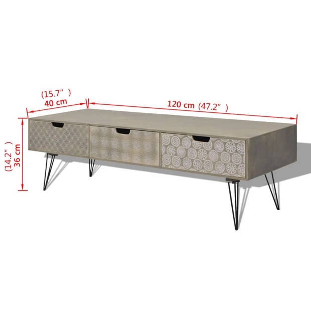 vidaXL Tv-meubel met 3 lades 120x40x36 cm grijs