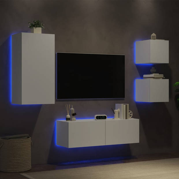 vidaXL 4-delige tv-wandmeubelset met LED-verlichting wit